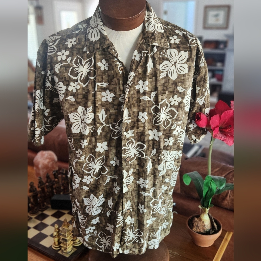 Men's Vintage Brown & White Hawaiian Print Shirt
